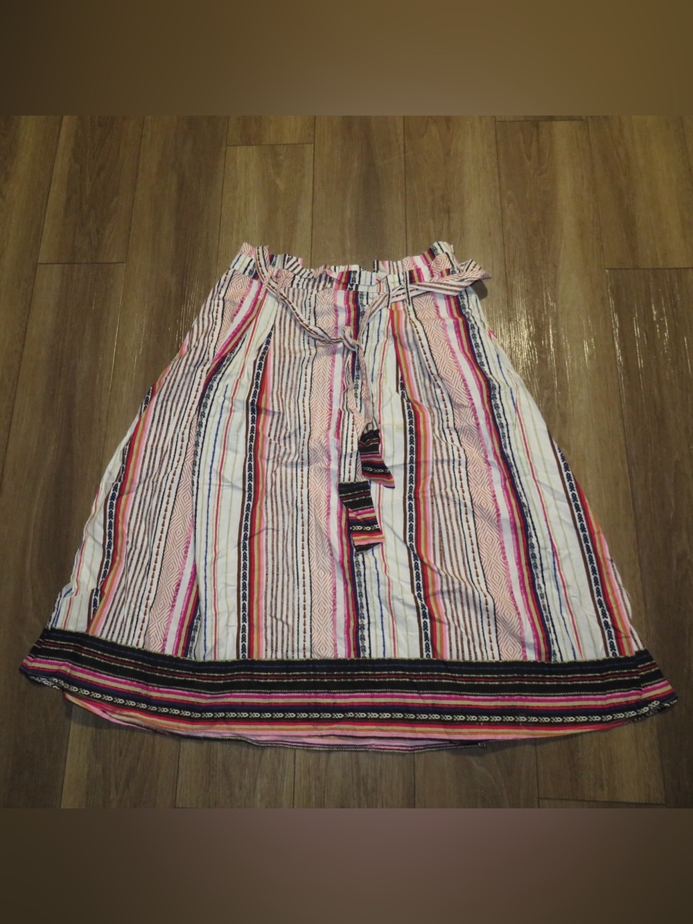 Striped Pink A-Line Midi Skirt with Tie Waist